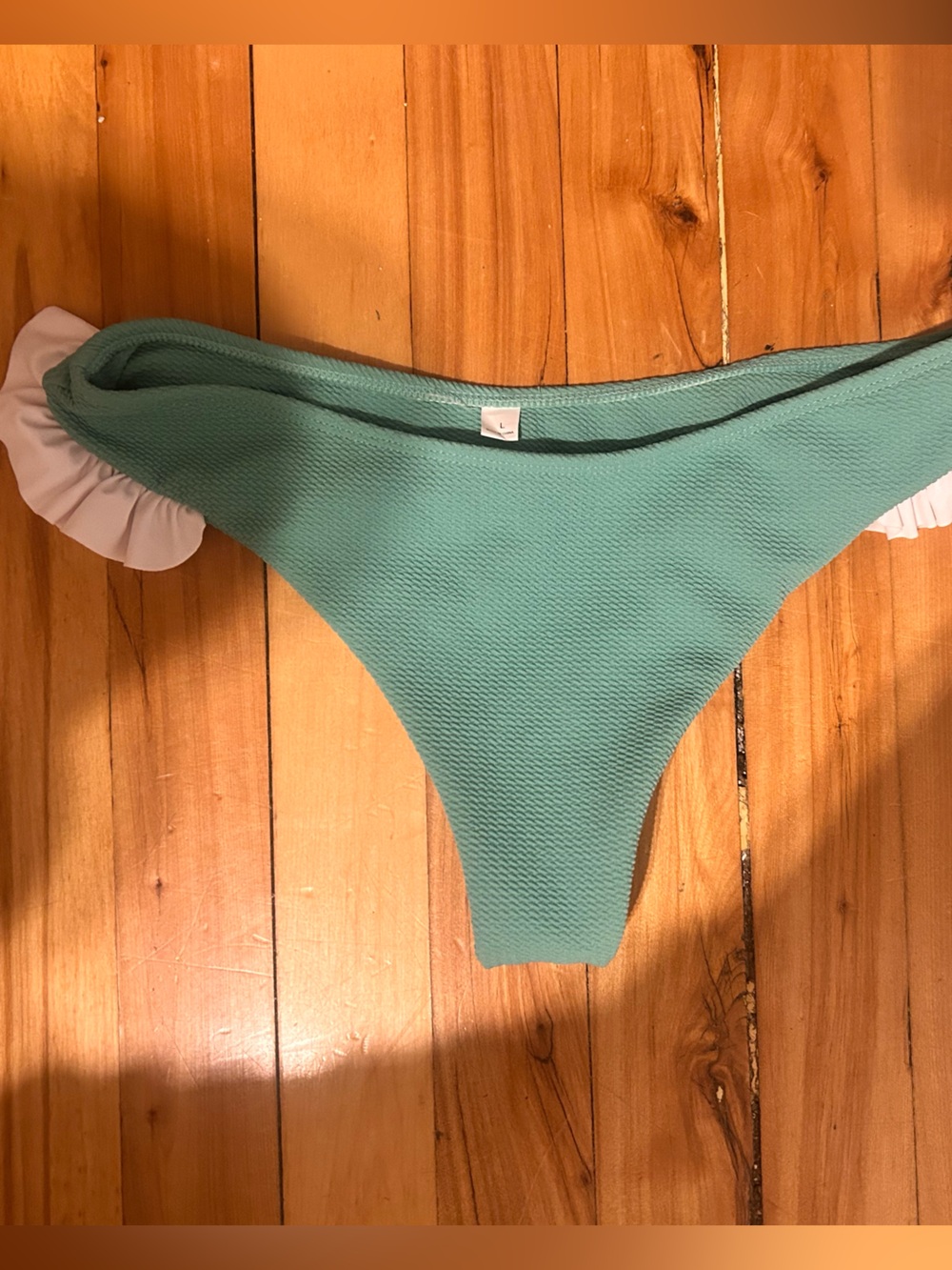 aerie Seafoam Green Textured Bikini Bottom with White Ruffle Accents